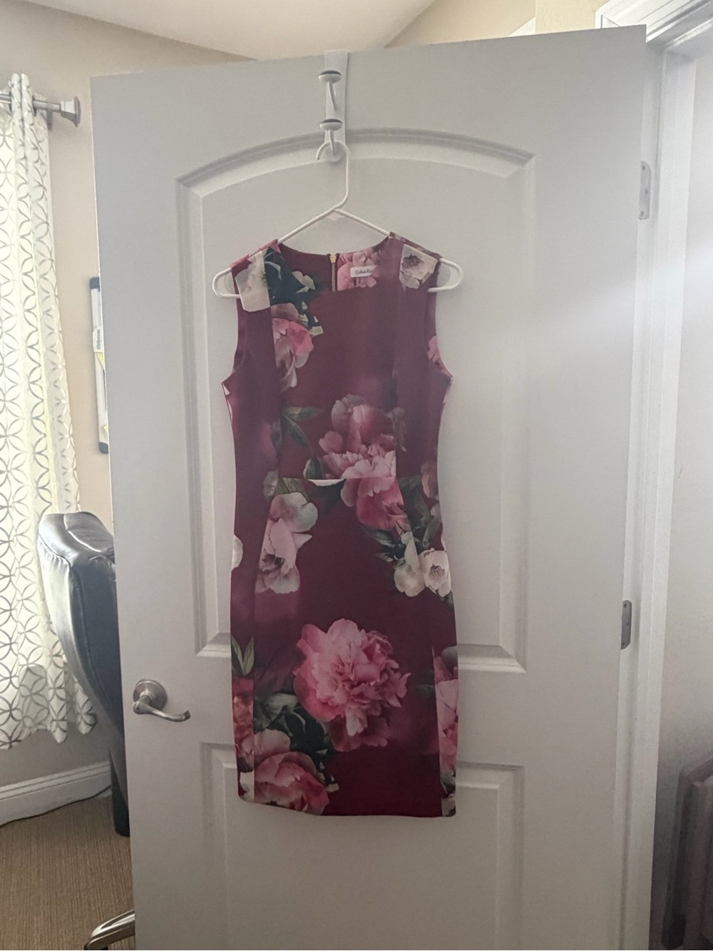 Calvin Klein Burgundy Sheath Dress with Pink Floral Print
